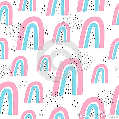 Simple seamless pattern with cartoon rainbows, decor elements. colorful vector for kids. hand drawing, flat style. Vector Illustration